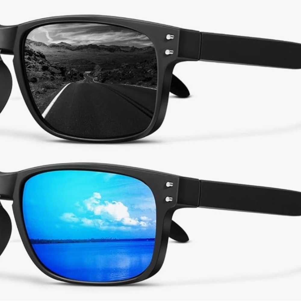 2 pairs Polarized Sunglasses black frames Blue and Grey lenses brand new.